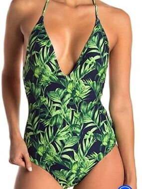 Onia Nina One Piece Swimsuit "Palm Forest Navy" Green Leaf Size S